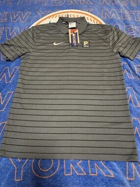 Pittsburgh Pirates Shirt Men S Black Gray Striped MLB Baseball Nike Dri Fit Polo